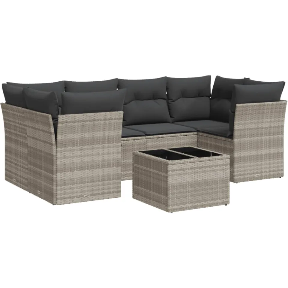 vidaXL 7-delige Loungeset met kussens poly rattan lichtgrijs grijs, foto 3