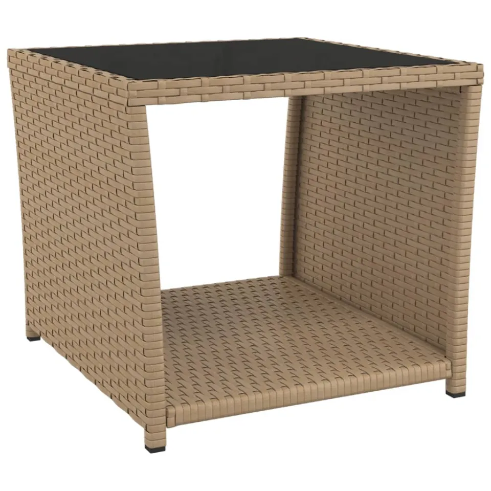 vidaXL Salontafel met glazen blad poly rattan en gehard glas beige, foto 3