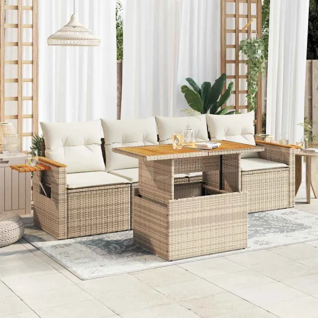 vidaXL 5-delige Loungeset met kussens poly rattan en acaciahout beige, foto 2