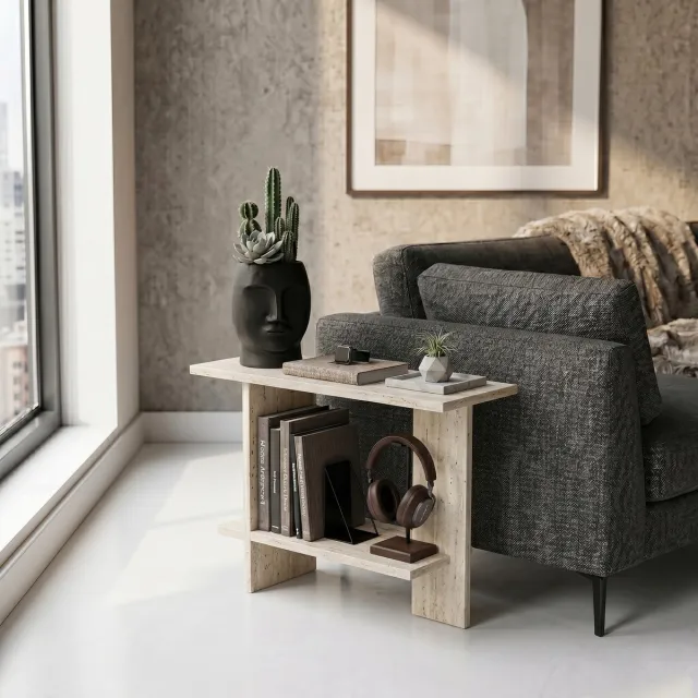 Bliss Skye Decor, Bijzettafel, Essenziale - Travertine, Gemelamineerde spaanplaat, Travertin, 80 x 30 x 55 cm Travertijn