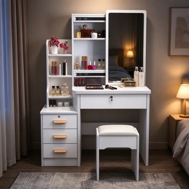 learnlogic Witte toilettafel met spiegel afsluitbare opbergladen met slot en bijbehorende kruk 80*35*125CM