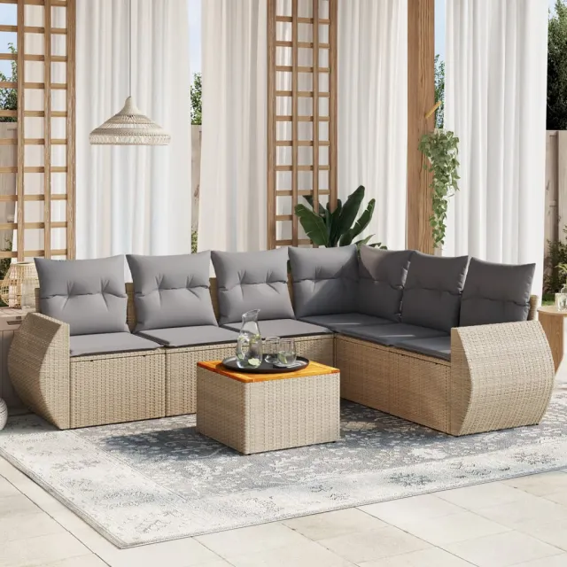 vidaXL 7-delige Loungeset met kussens poly rattan beige, foto 2