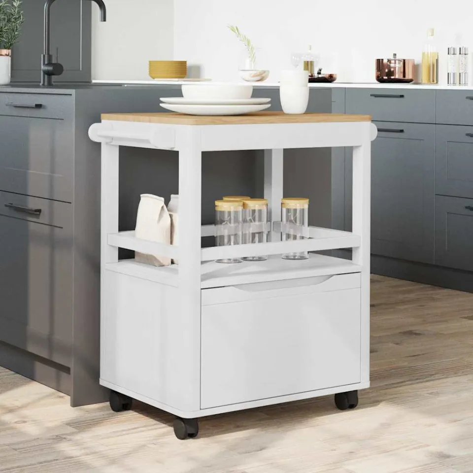 vidaXL Keuken Trolley FLORO Wit 72,5 x 45 x 80 cm Massief Vurenhout, foto 4