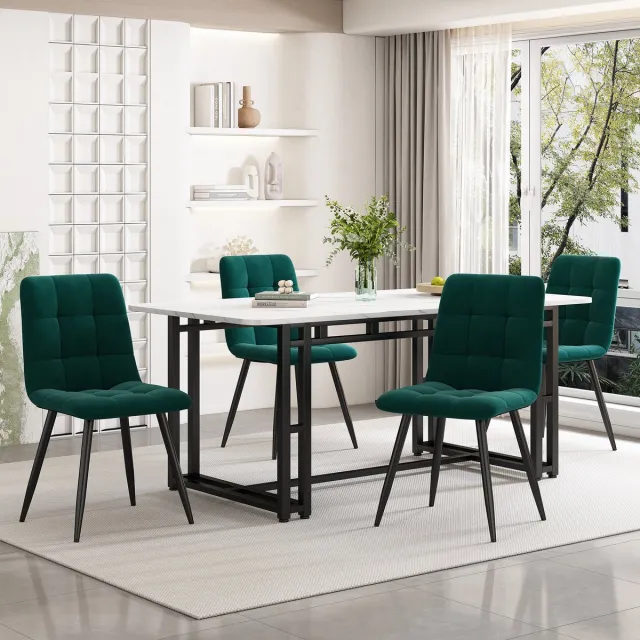 MODENUIT Eethoek 140 x 80 cm - Set Met 1 Tafel En 4 Stoelen - Voor Eetkamer En Woonkamer - MDF Fluweel Groen
