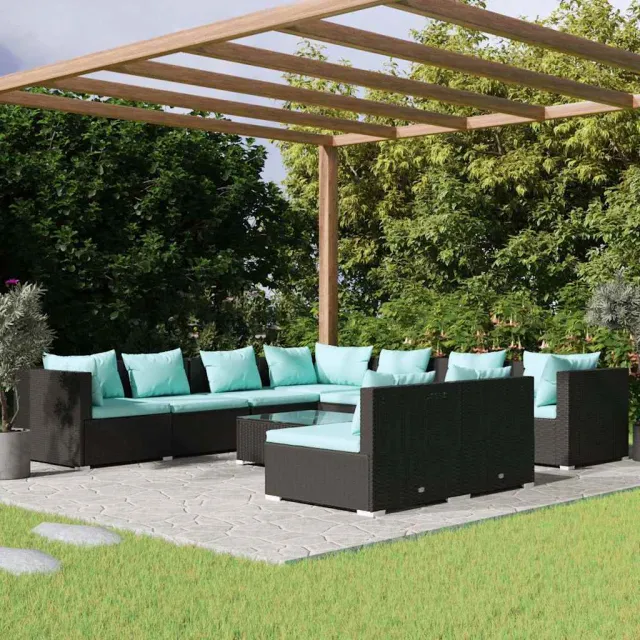 vidaXL 10-delige Loungeset met kussens poly rattan zwart, foto 2