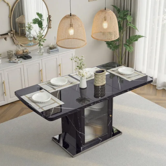 MIVRAY Eettafel - Uitschuifbare Rechthoekige Eettafel Met Opbergkast - Voor Eetkamer En Woonruimte - MDF Metaal Glas - Zwart - 160x80x76 Cm