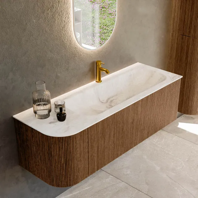 Mondiaz KURVE-DLUX 135 cm Onderkast Greeploos 1 Lade Met Deuren Walnut, Wastafel Solid Surface Rechts Frappe 1 Kraangat Zonder Spiegel (KRVBGM135L1L1D1KR-Wal/Fra)