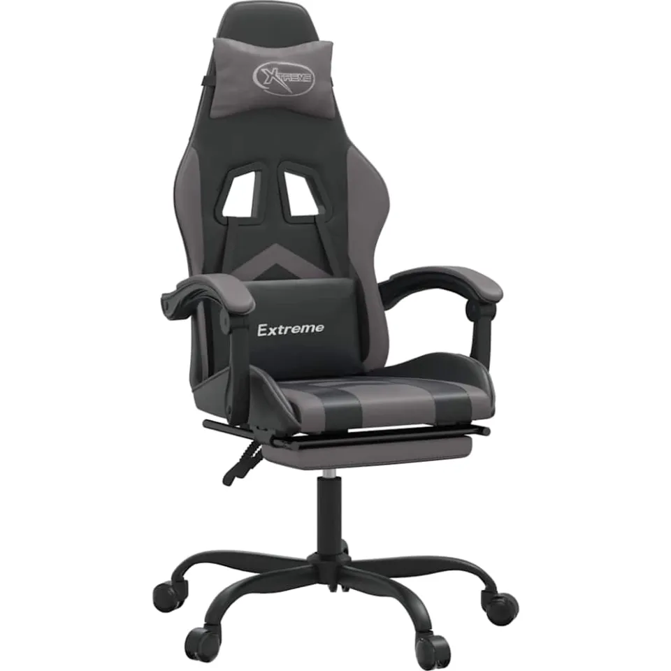 vidaXL Gamestoel draaibaar met voetensteun kunstleer zwart en grijs, foto 3