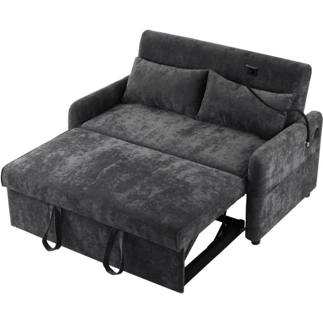 Merax Slaapbank – 2-Zits Sofa met Slaappositie en USB-Oplaadpoort - Bankstel met Telefoonhouder en Zijvakken – Verstelbare Rugleuning – Chenille Bekleding – Grijs