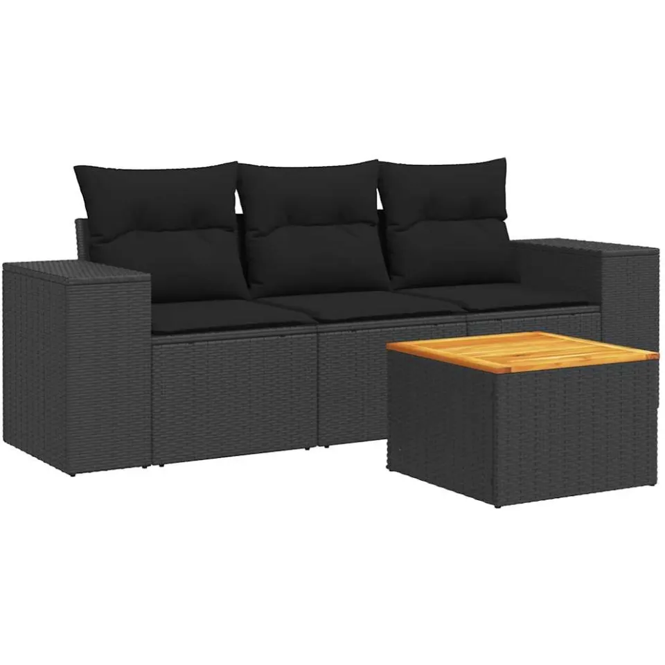 vidaXL 4-delige Loungeset met kussens poly rattan zwart, foto 3