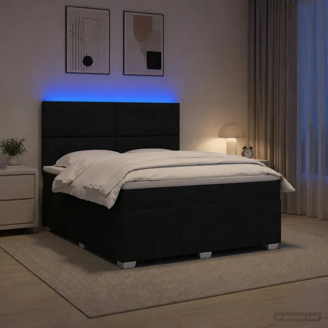 vidaXL LED Boxspring Bed met Matras Zwart 140 x 200 cm Stof