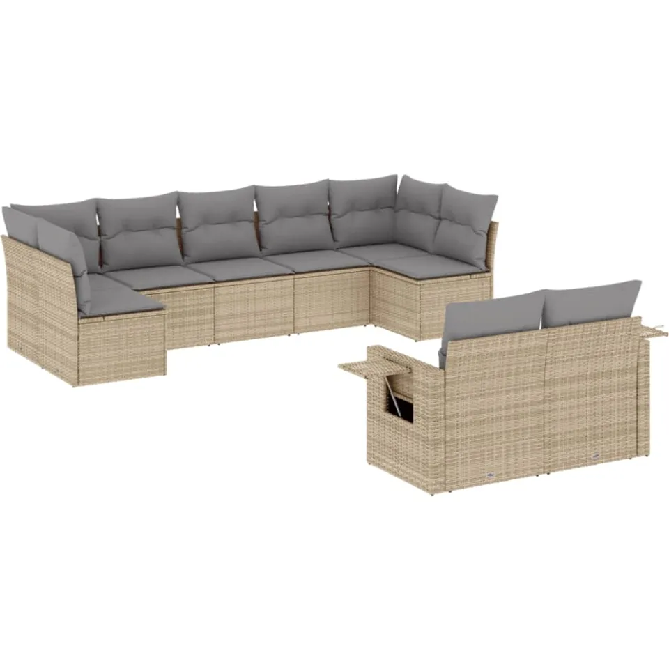 vidaXL 9-delige Loungeset met kussens poly rattan beige, foto 3