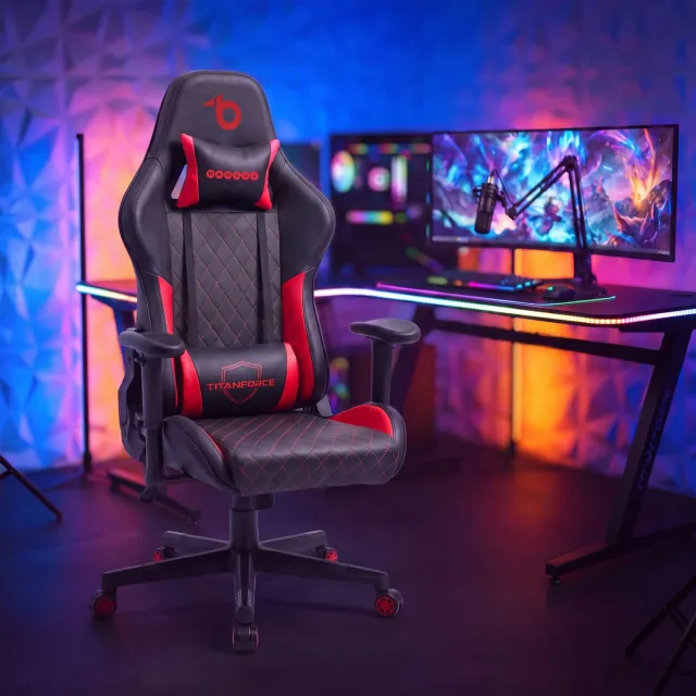 Bemada TitanForce Gamingstoel - Ergonomisch PU-Leer Met Nek- En Lendensteun - 2D Verstelbare Armleuningen - Zwart/Rood - 122 x 65 x 53 cm - Max 110 kg [BMD1124RD] Meerkleurig