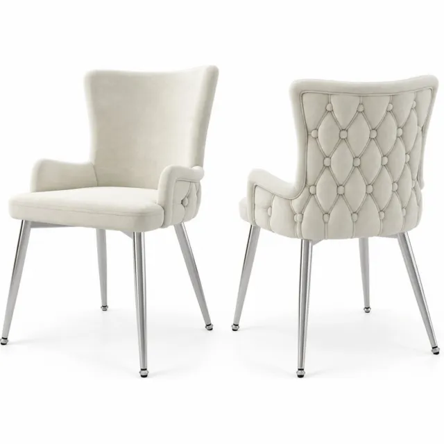 City long dragon LONG DRAGON - Velvet eetkamerstoelen - Set van 2 - Vier zilverkleurige metalen poten - Voor woonkamer en slaapkamer - Beige