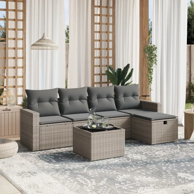 vidaXL 6-delige Loungeset met kussens poly rattan grijs, foto 2