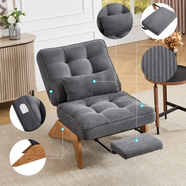 MEUNIQ Relaxfauteuil met handmatig verstelbare rugleuning en voetensteun, lendenkussen, ribfluweel en houten poten, 127 x 73 x 90 cm, donkergrijs