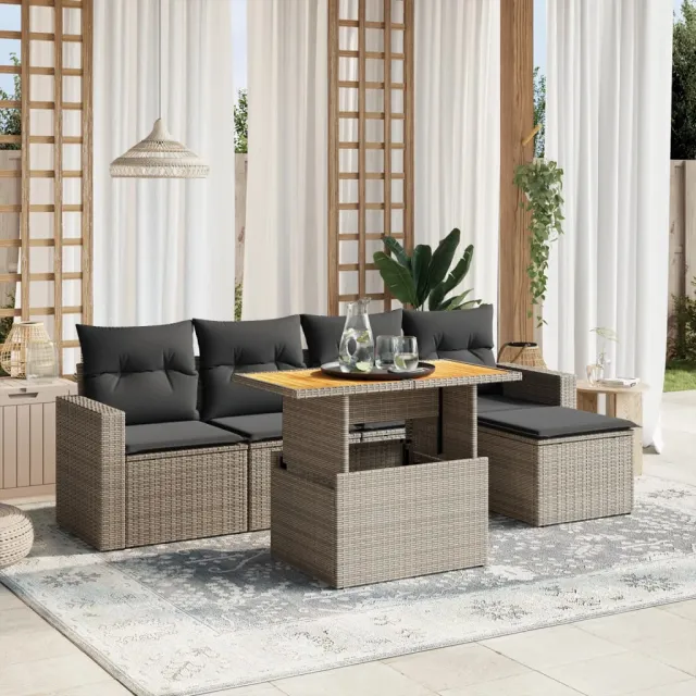 vidaXL 6-delige Loungeset met kussens poly rattan grijs, foto 2