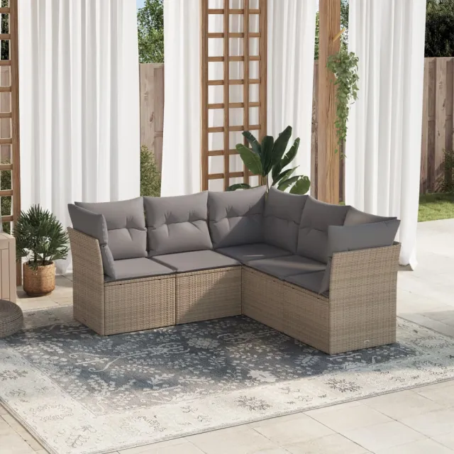 vidaXL 5-delige Loungeset met kussens poly rattan beige, foto 2