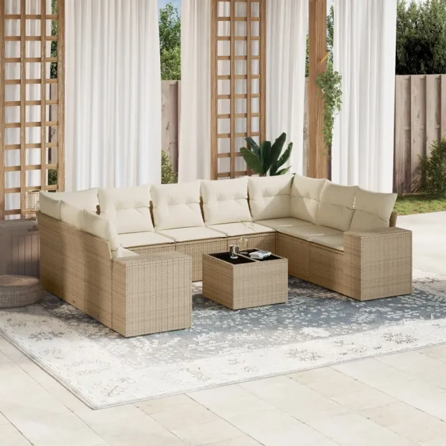 vidaXL 10-delige Loungeset met kussens poly rattan beige, foto 2
