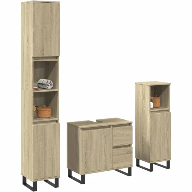 vidaXL 3-delige Badkamermeubelset bewerkt hout sonoma eikenkleurig Bruin