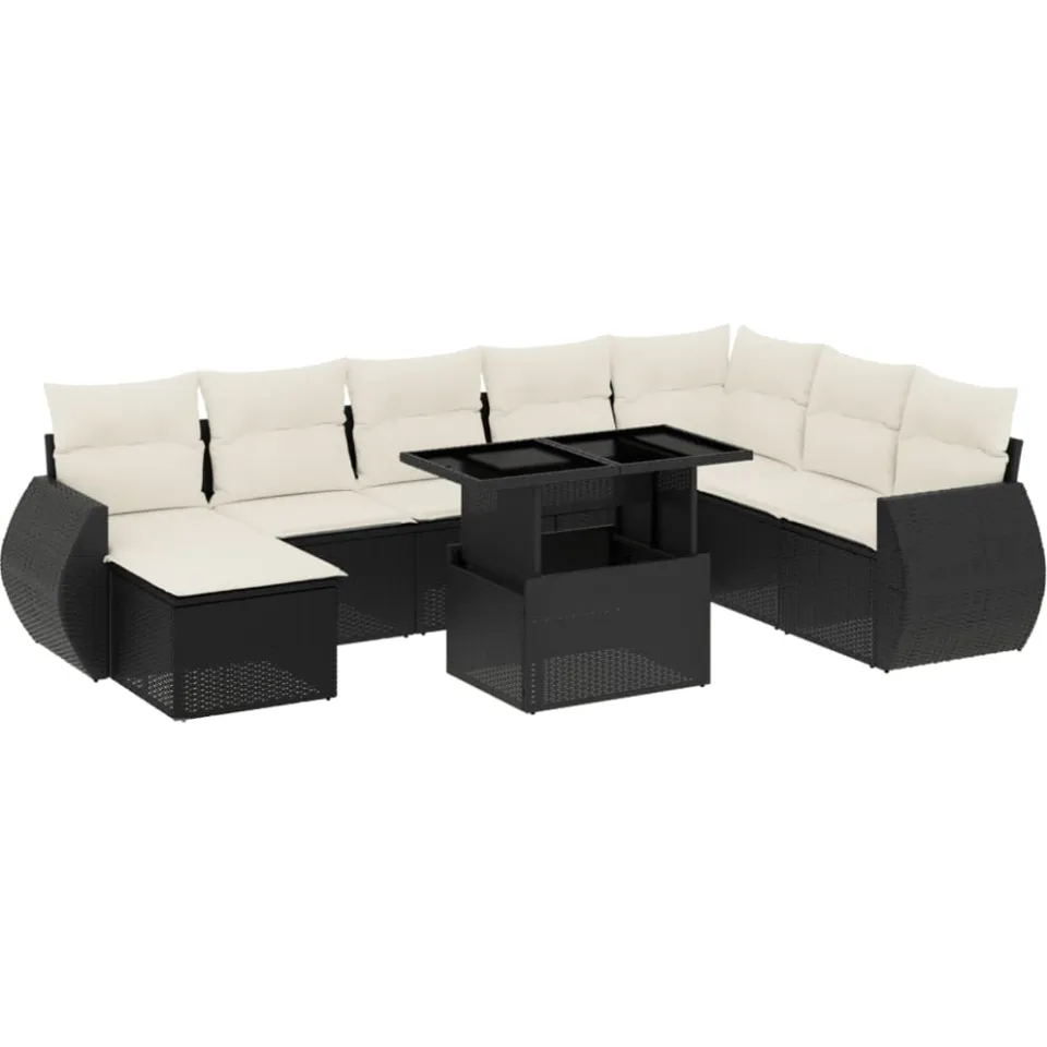 vidaXL 9-delige Loungeset met kussens poly rattan zwart