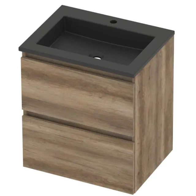 Basic-Line Aura 46 Badmeubelset Acryl 1 Kraangat Greeploos 60x46x62 cm Scotch Oak Mat Zwart