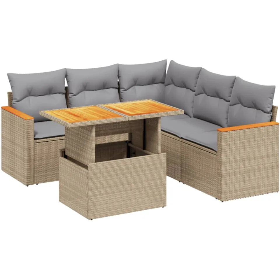 vidaXL 6-delige Loungeset met kussens poly rattan beige, foto 3