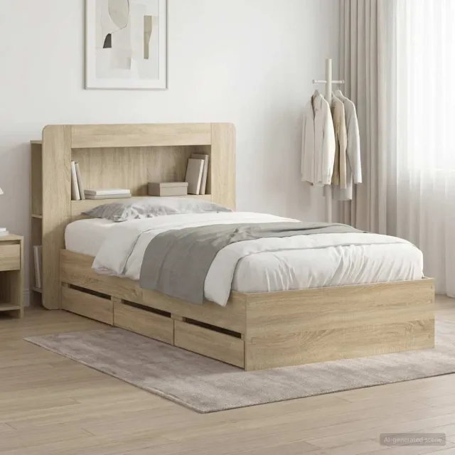vidaXL Bedframe met opbergruimte en hoofdbord Sonoma Eiken 75 x 190 cm Bruin