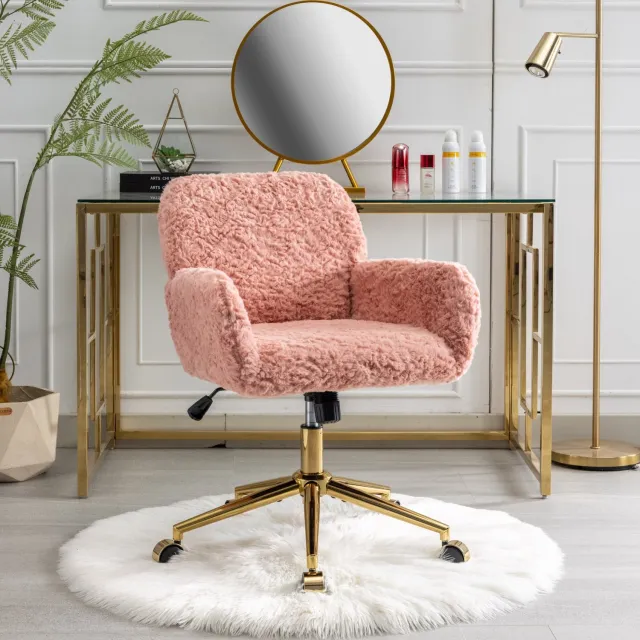 MEUNIQ Roze bureaustoel met pluche bekleding, verstelbare zithoogte, 360° draaibaar, vaste armleuningen, kantelfunctie en wielen, voor werkplek of kaptafel