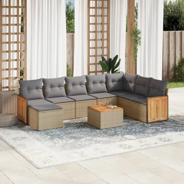 vidaXL 9-delige Loungeset met kussens poly rattan beige, foto 2