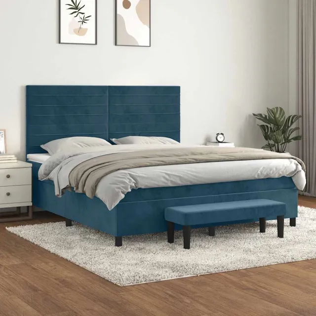 vidaXL Boxspring met matras fluweel donkerblauw 180x200 cm blauw
