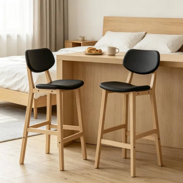 REDOM Barkruk set van 2 - Kunstleren gewatteerde zitting - Houten onderstel met rugleuning - Vaste hoogte - Zwart - 43 x 37,5 x 91,5 cm