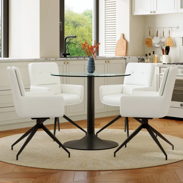 STILVORA Ronde Eettafel Set 85 Cm Met 4 Draaibare Stoelen Van Gehard Glas Voor Eetkamer En Woonkamer Metaal Wit Zwart