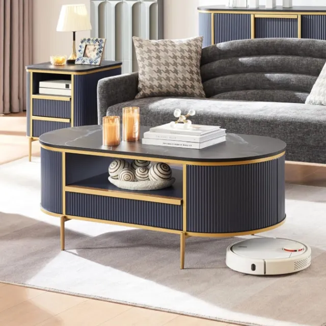 Danky Ovale Salontafel - Marmerlook Tafelblad & Geribbeld Design - Met Lade en Open Opbergvak - Gouden Metalen Poten Blauw
