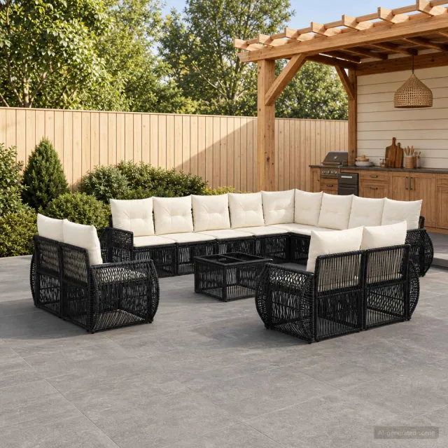 vidaXL Tuinbankenset 13 st Zwart en Cream Wit poly rattan, foto 2