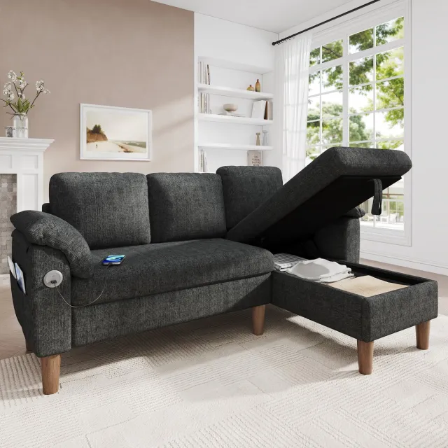 FloraGrace Hoekbank - 3-Zits L-Vormige Bank Met Opbergchaise Longue - Links Of Rechts Monteerbaar Met USB En Type-C - Chenille - Donkergrijs