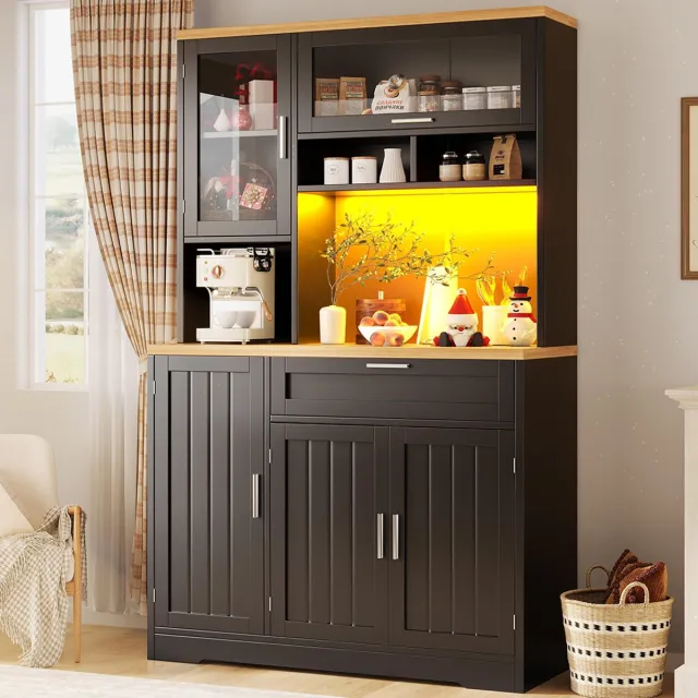 KOMHTOM BLACKCOLORS Hoge keukenkast - vitrinekast met LED-verlichting - Zwart - 104x40x180 cm - voor keuken & woonkamer