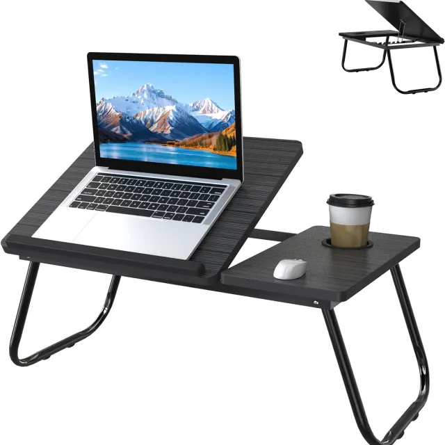LZQ 64x33x28cm laptoptafel in hoogte verstelbaar & opvouwbaar - lapdesk met bekerhouder, 5-traps hellingsregeling & dubbel oppervlak - bedtafel, notebooktafel voor bank, studeerkamer, thuiskantoor (zwart)