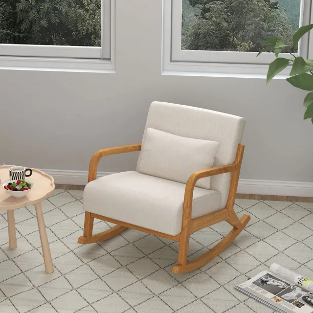 MODFU Schommelstoel - Gewatteerde Zitting - Houten Frame - Crèmewit - 64,5 X 92 X 81,5 Cm