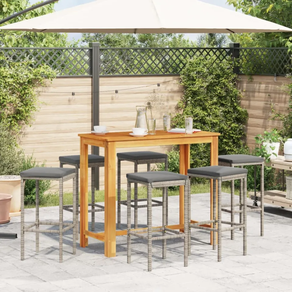 vidaXL 7-delige Tuinbarset massief acaciahout en poly rattan grijs, foto 3