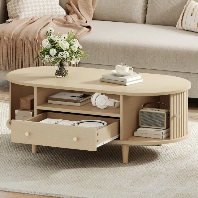 MEUNIQ ovale salontafel 100 x 50 x 36 cm met lade, open opbergruimte en roldeur, salontafel voor de woonkamer, eikenlook Eikenkleur