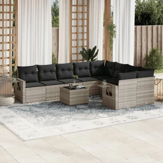 vidaXL 10-delige Loungeset met kussens poly rattan lichtgrijs grijs, foto 2