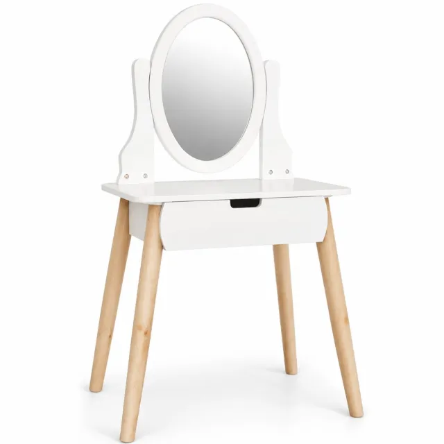 WDMT Kinder Kaptafel met Spiegel en Lade – Make-up Tafel voor Kinderen – Houten Kaptafel Wit/Naturel – Kinderkamer – 55 x 109 x 30 cm – Wit