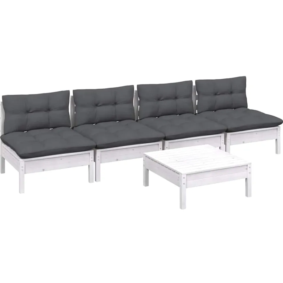 vidaXL 5-delige Loungeset met antracietkleurige kussens grenenhout Wit