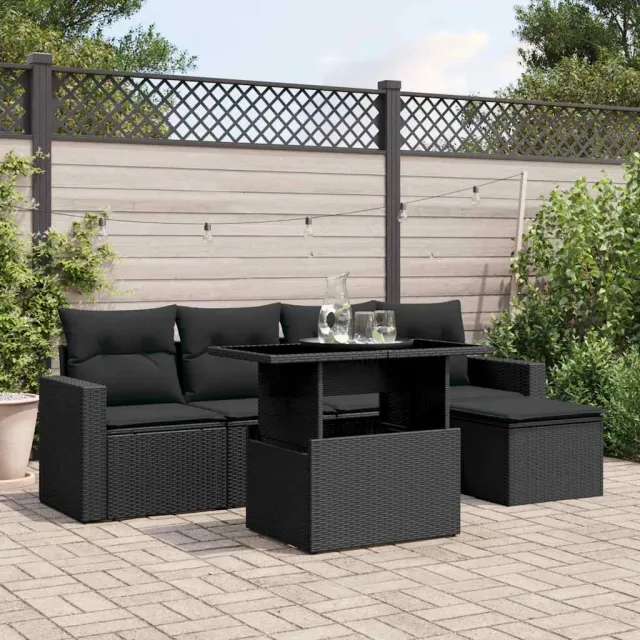 vidaXL 6-delige Loungeset met kussens poly rattan zwart, foto 2
