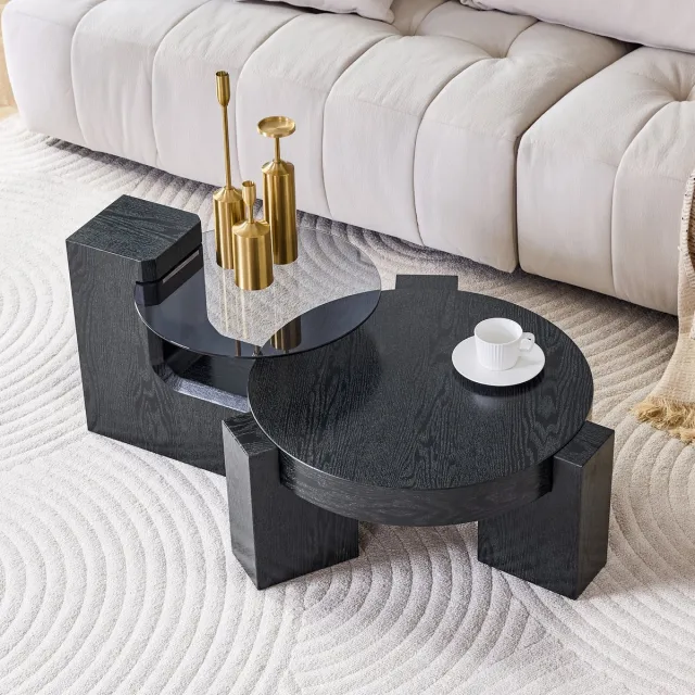 STILVORA Salontafelset - Rond 2-Laags Scheidbaar Design - Voor Woonkamer En Balkon - MDF En Glas - Zwart - 61 Cm