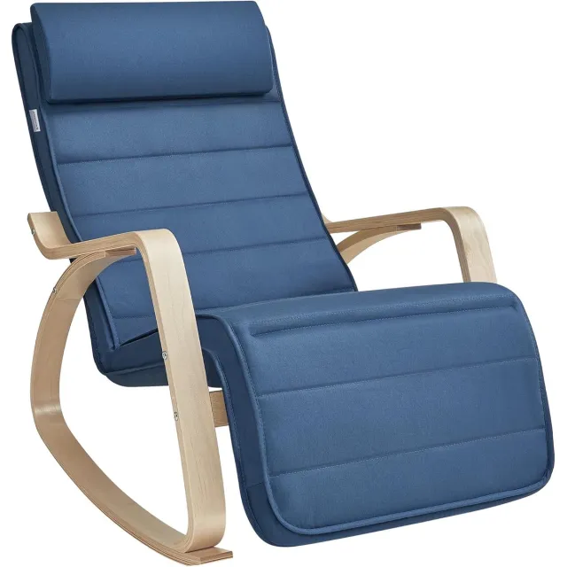 Hoppa! Gebogen Houten Stoel - Middernachtblauw, Houtachtige Kleur - Berkenhout, Metaal, Schuim, Katoen-Polyester Stof - 125 x 67 x 91 cm (B x D x H)