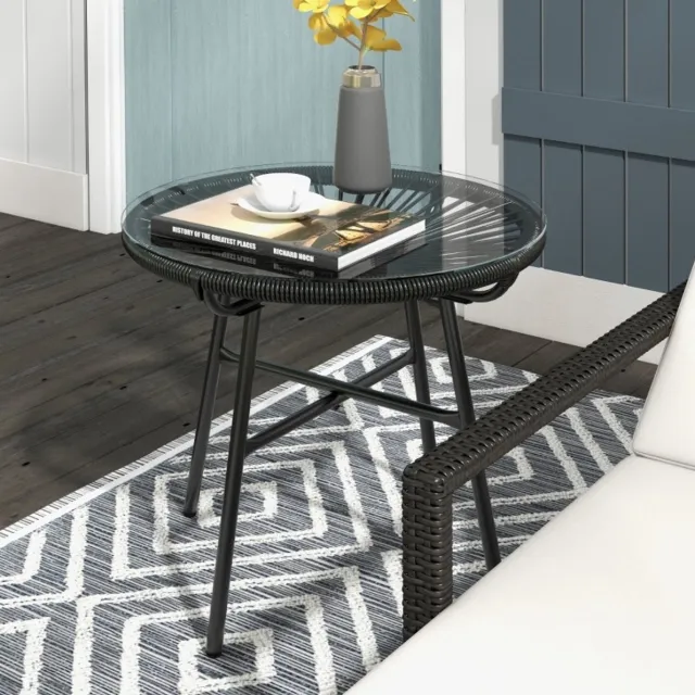 DESMIU Tuintafel - Ronde Bijzettafel In Boho-Stijl Voor Tuin, Balkon En Terras - Gehard Glas En PE-Rattan - 50 x 50 x 50 Cm - Zwart