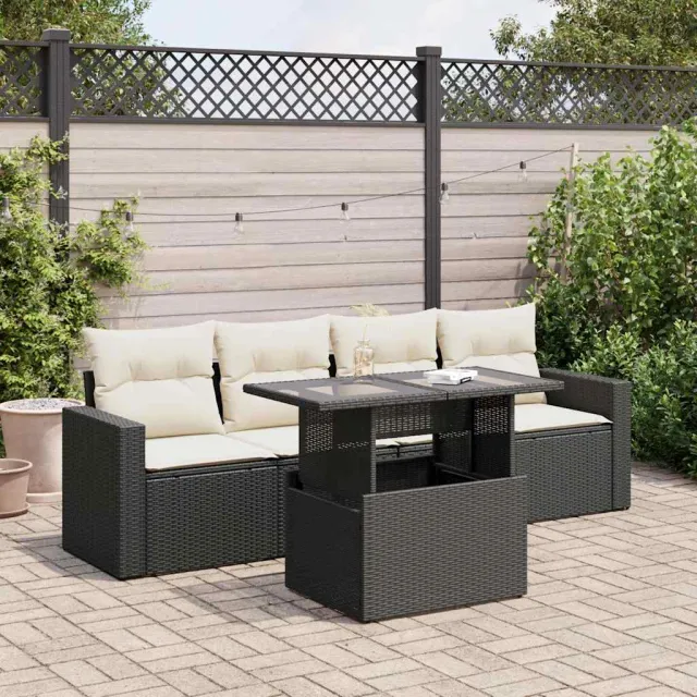 vidaXL 5-delige Loungeset met kussens poly rattan zwart, foto 2