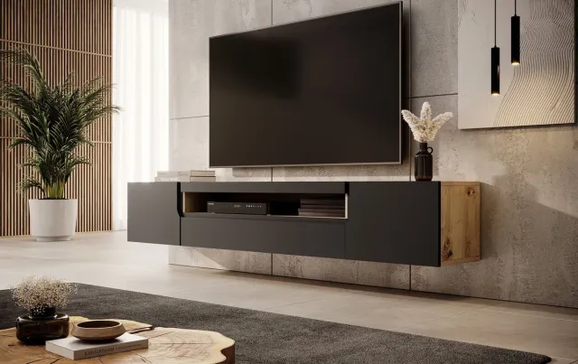 MEUBELLA TV-Meubel Dylan - Mat zwart - Eiken - 200 cm Bruin|Zwart